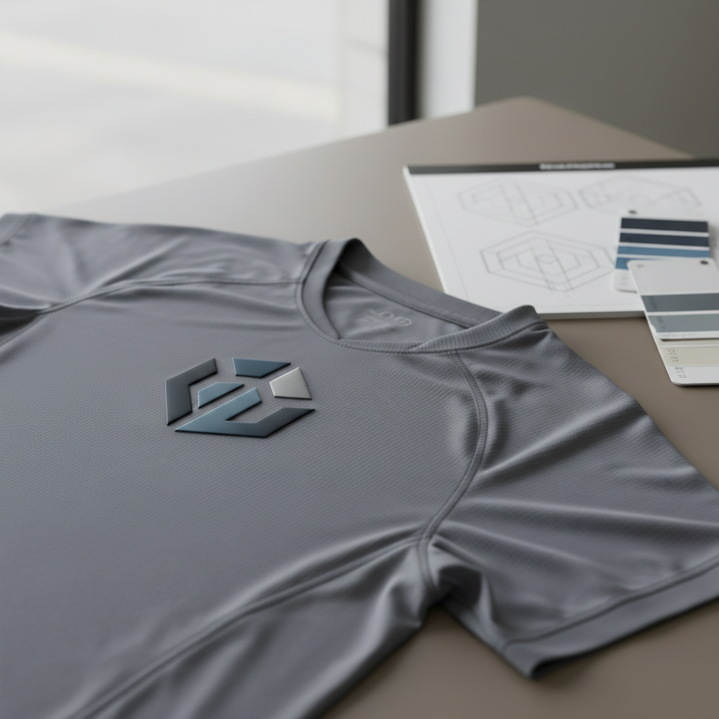 A close-up of a premium, digitally rendered logo on the front of a high-quality, structured athletic jersey. The smooth polyester weave and reinforced stitching detail are crisply visible, with the logo’s colors harmonizing in muted blues and grays. The jersey is draped elegantly across a neutral, taupe-colored tabletop, beside a technical drawing pad and color swatches. Natural overcast light from a nearby window creates even illumination, minimizing harsh contrasts while enhancing the jersey’s subtle textures. The mood is confidently refined, with design precision taking center stage. Photographed from eye-level with sharp focus throughout, the aesthetic remains clean, balanced, and strikingly professional—authentically reflecting visual identity creation.