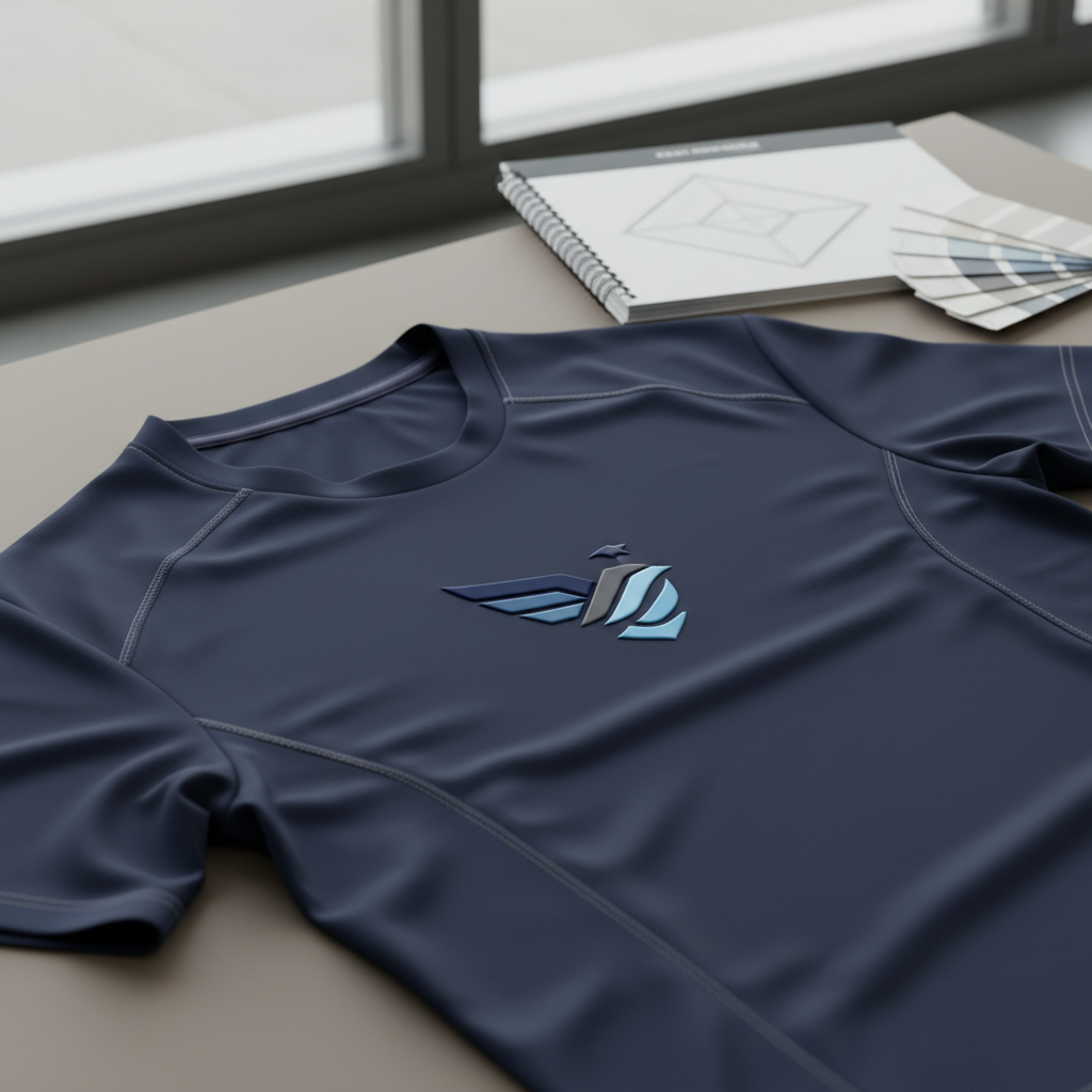 A close-up of a premium, digitally rendered logo on the front of a high-quality, structured athletic jersey. The smooth polyester weave and reinforced stitching detail are crisply visible, with the logo’s colors harmonizing in muted blues and grays. The jersey is draped elegantly across a neutral, taupe-colored tabletop, beside a technical drawing pad and color swatches. Natural overcast light from a nearby window creates even illumination, minimizing harsh contrasts while enhancing the jersey’s subtle textures. The mood is confidently refined, with design precision taking center stage. Photographed from eye-level with sharp focus throughout, the aesthetic remains clean, balanced, and strikingly professional—authentically reflecting visual identity creation.