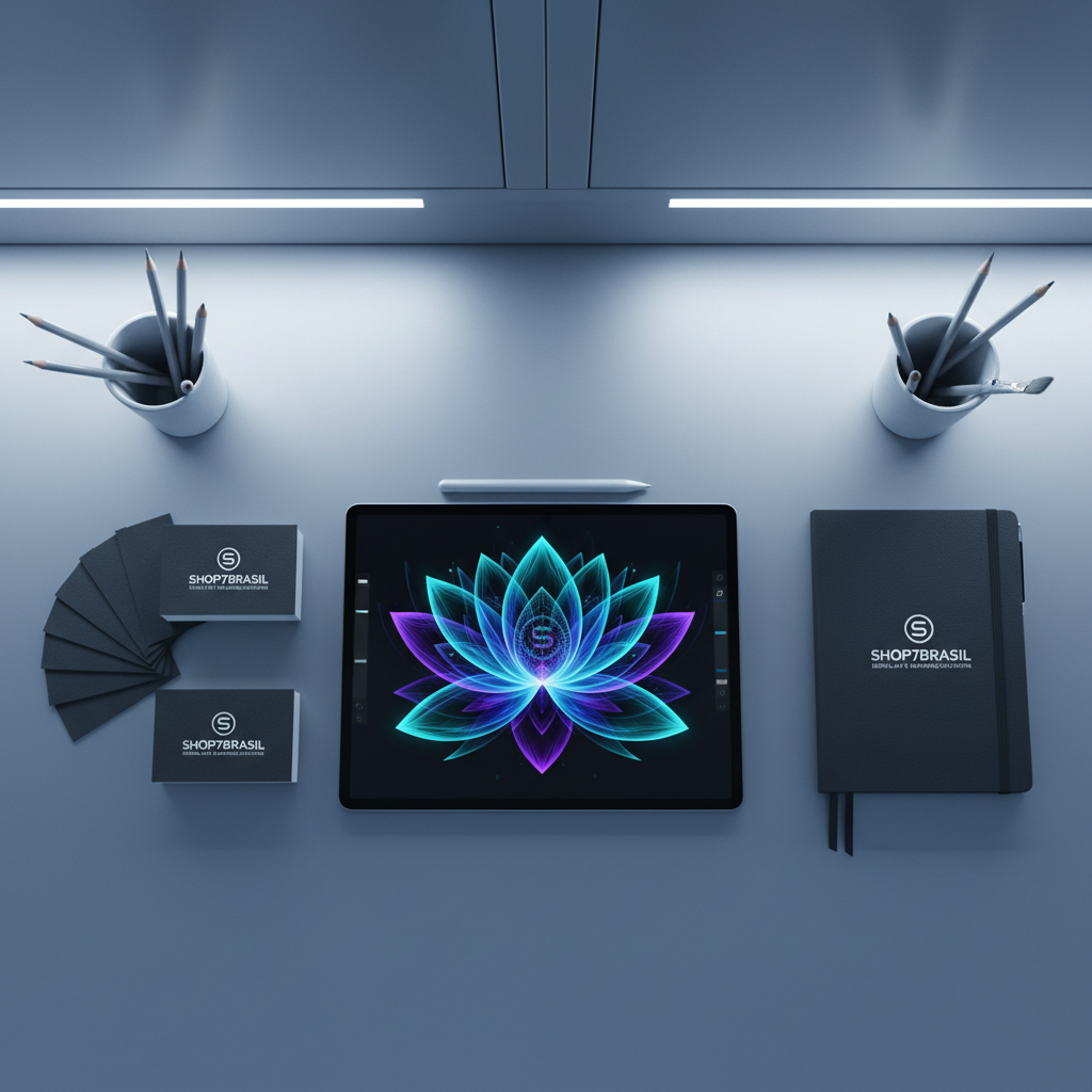 An immaculate, organized desktop scene featuring a tablet displaying a custom digital artwork in the process of creation, flanked by neatly stacked business cards and a branded notebook. The desktop is a matte silver finish, accentuating the clean geometry of the workspace. Cool-toned LED strip lighting under-cabinet provides crisp, even light that highlights every element without harsh reflections. The atmosphere is purposeful and modern, inspiring creativity within a structured, corporate setting. The shot is composed from a symmetrical, directly overhead perspective, employing a balanced, minimalist aesthetic that echoes SHOP7BRASIL’s commitment to professional digital art and tailored branding solutions.
