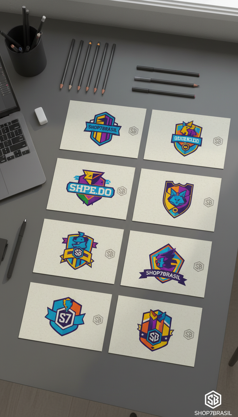 An elegant display of customizable digital artwork concepts for clubs and organizations, featuring vibrant badge and logo mockups printed on high-quality textured card stock. The card stock rests atop a refined, charcoal-toned desk with neatly aligned sketching tools along its edge. Gentle, diffused daylight from a nearby window creates subtle highlights across the matte surface, casting soft, minimal shadows. The mood is creative yet highly professional, evoking a clean, modern workspace ambience. Shot from an overhead, bird’s eye perspective with precise, structured composition, the image balances visual interest with corporate order. Photographic realism underscores the clean lines and neutral palette, perfectly representing the digital art and branding services of SHOP7BRASIL.