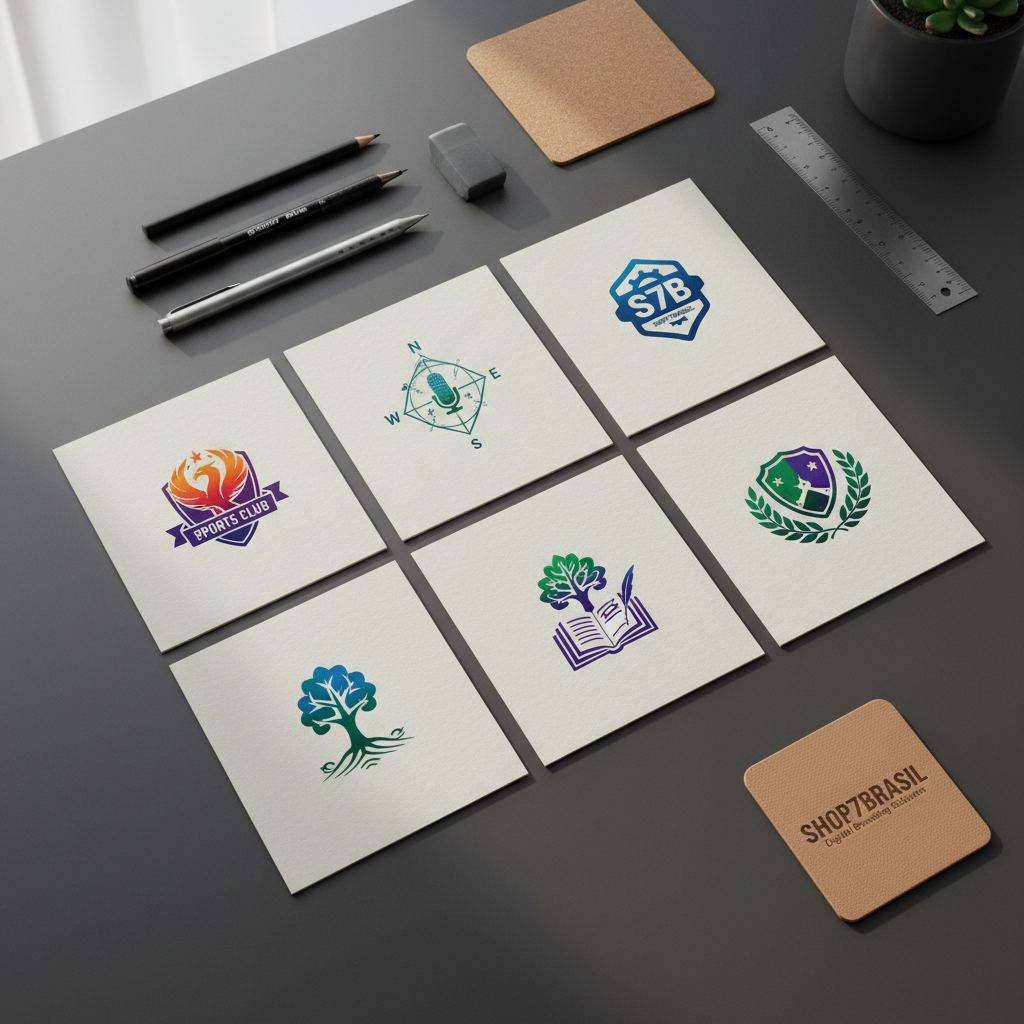 An elegant display of customizable digital artwork concepts for clubs and organizations, featuring vibrant badge and logo mockups printed on high-quality textured card stock. The card stock rests atop a refined, charcoal-toned desk with neatly aligned sketching tools along its edge. Gentle, diffused daylight from a nearby window creates subtle highlights across the matte surface, casting soft, minimal shadows. The mood is creative yet highly professional, evoking a clean, modern workspace ambience. Shot from an overhead, bird’s eye perspective with precise, structured composition, the image balances visual interest with corporate order. Photographic realism underscores the clean lines and neutral palette, perfectly representing the digital art and branding services of SHOP7BRASIL.